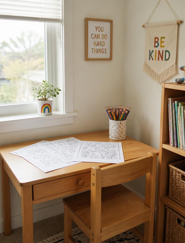 Cantinho de estudos em casa com folhas do Cantinho Calmo impressas sobre a mesa e um pote de lápis de cor